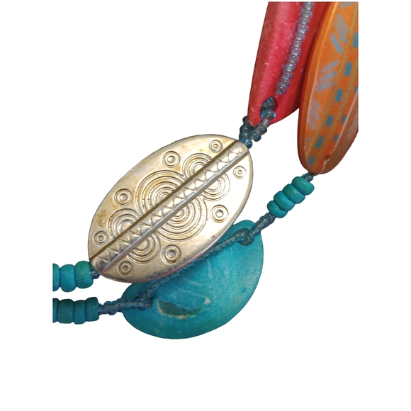 Vibrant Turquoise and Orange Beaded Necklace With Silver Tone Accents - Picture 5 of 6